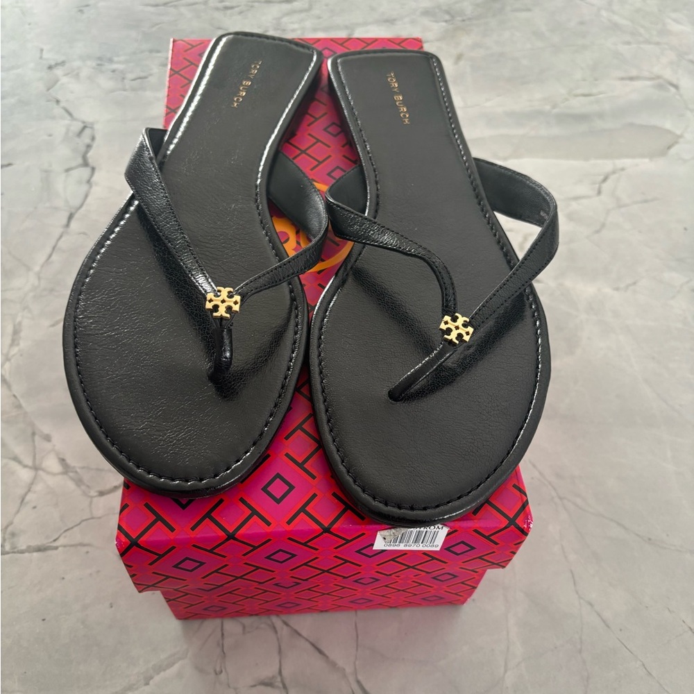 Tory Burch Black Leather Thong Flip Flops Size 10